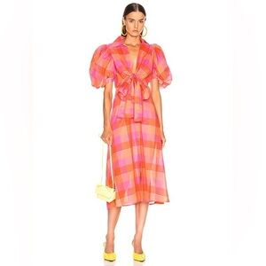 Silvia Tcherassi Perth Puff Sleeve GINGHAM A-LINE MIDI DRESS ORANGE CHECK sz Med